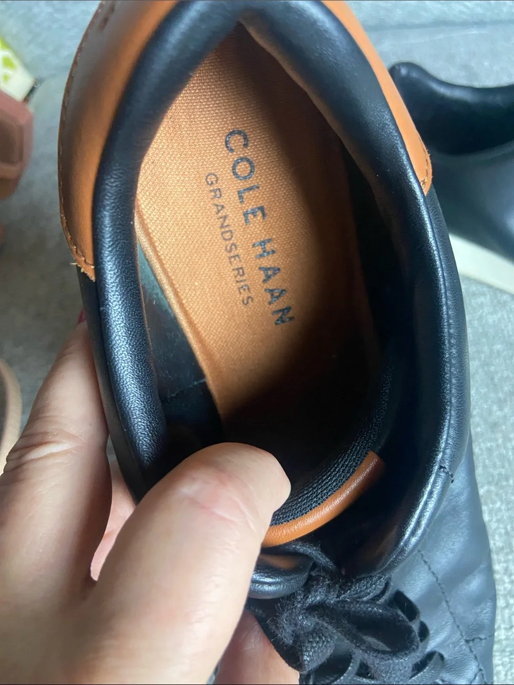 Cole Haan Black Leather Lace-Up Sneakers with Tan Heel Accent size 11.5 M